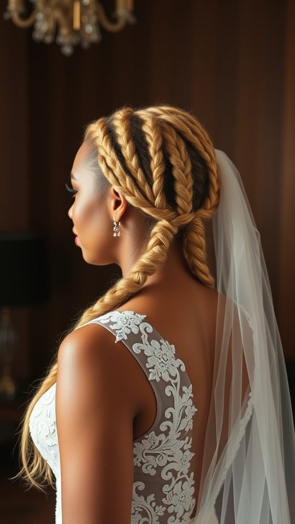 A bride with blonde knotless box braids styled elegantly with a wedding dress and veil.