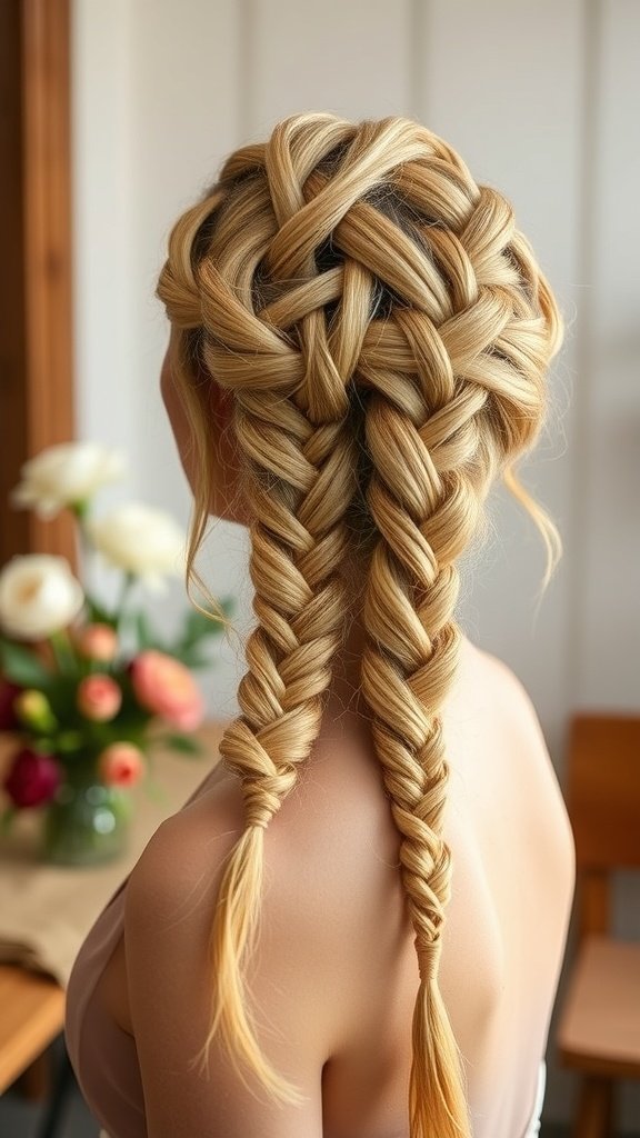 A woman with honey blonde knotless braids styled elegantly, showcasing intricate patterns.