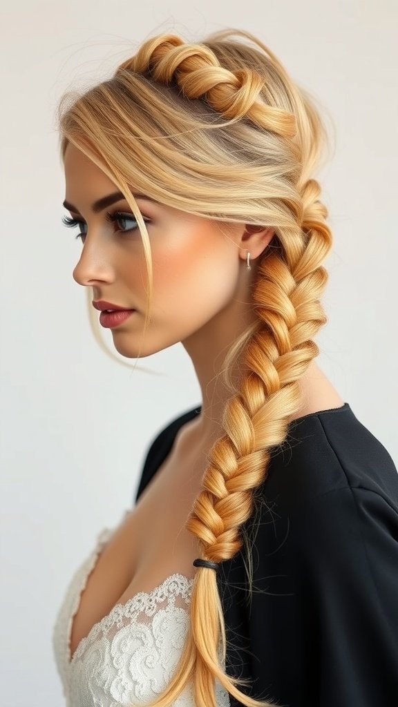 A woman with honey blonde knotless braids styled elegantly.
