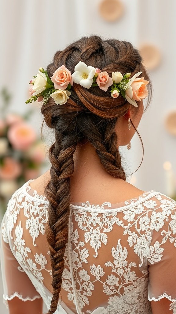 A woman with medium knotless braids styled elegantly with flowers for a special occasion.