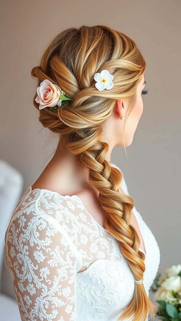A woman with honey blonde knotless braids styled elegantly with floral accessories.