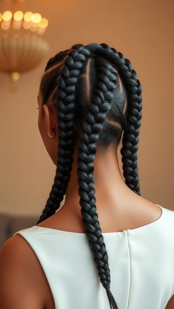 A close-up view of a person with neatly styled knotless braids, showcasing a polished hairstyle suitable for special occasions.