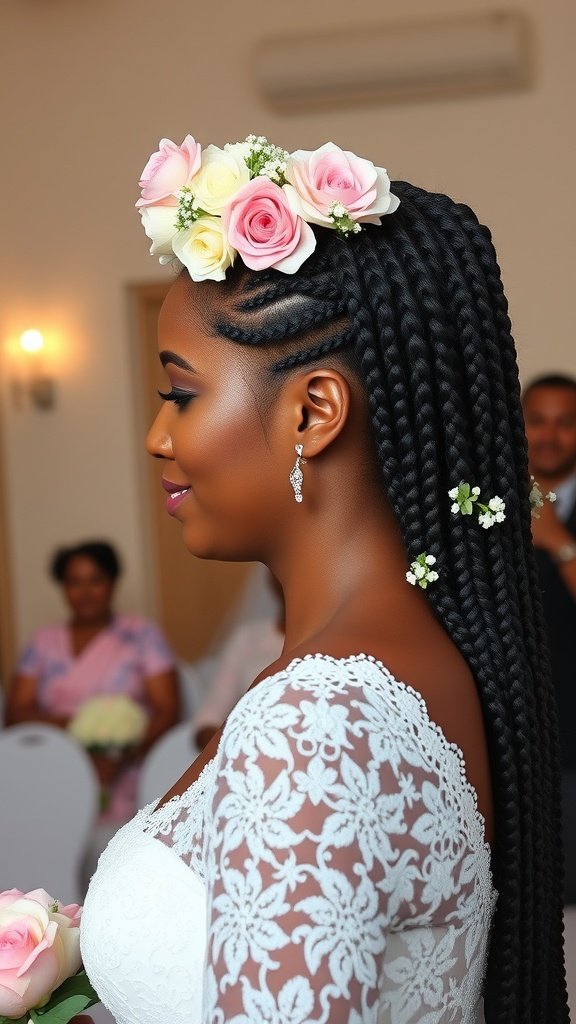 A bride with knotless box braids adorned with flowers, showcasing a beautiful hairstyle for a special occasion.