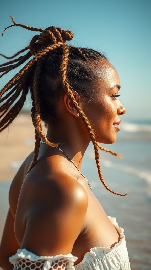 A woman with knotless braids styled in a bun, enjoying a beach day.