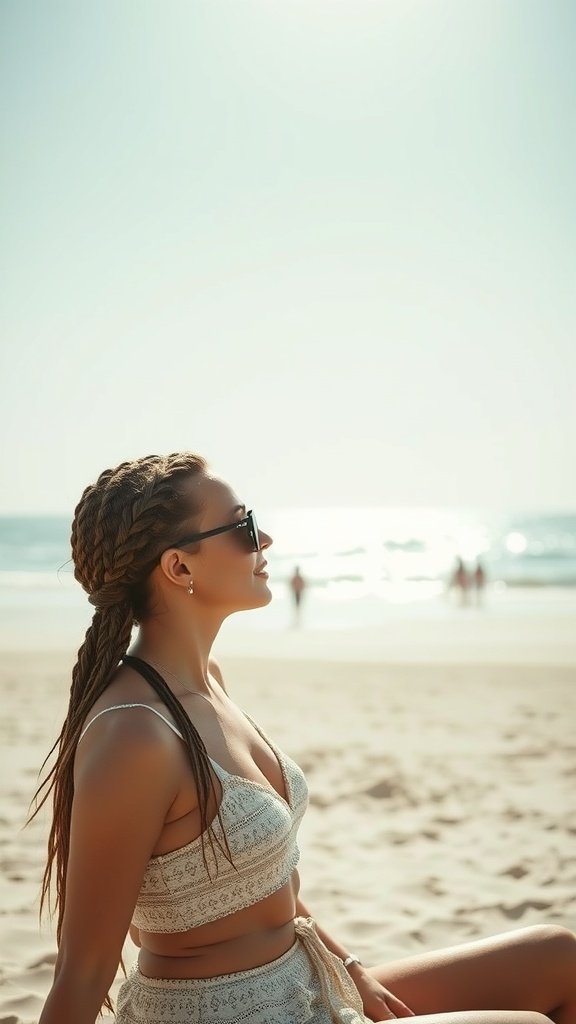 A woman with knotless braids sitting on the beach, enjoying the summer sun.