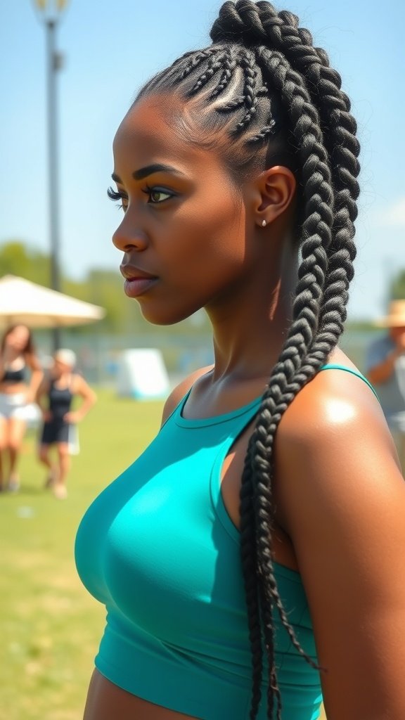 A woman with xs knotless braids styled in a ponytail, showcasing a summer look.