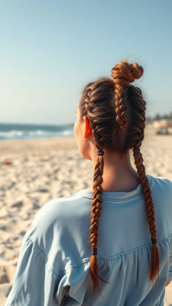 A woman with xs knotless braids enjoying a sunny beach day.