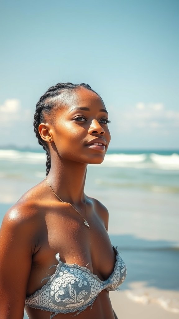 A woman with short knotless braids standing by the beach, enjoying the summer sun.