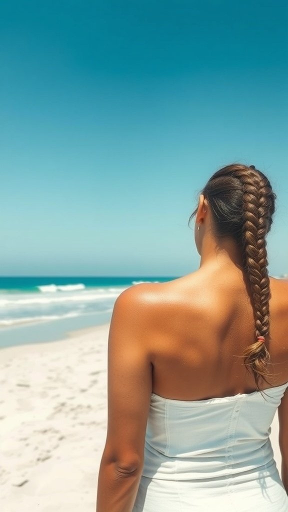 A woman with a braided hairstyle standing on the beach, enjoying the summer sun.