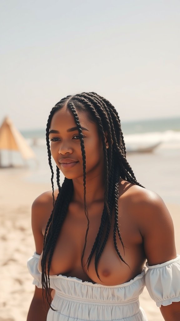 A woman with knotless braids at the beach, showcasing a stylish summer hairstyle.