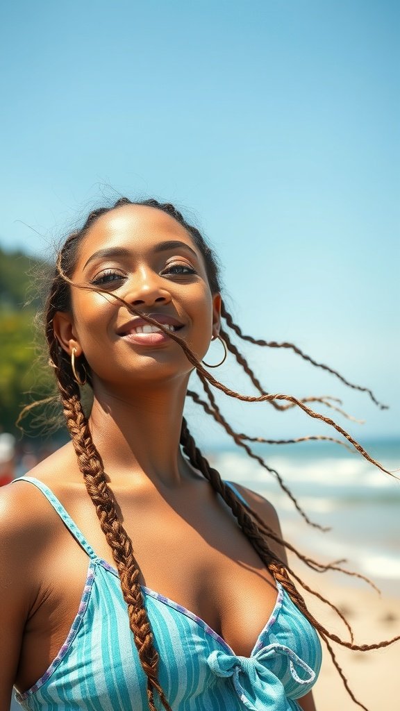 A woman with long knotless braids smiling at the beach
