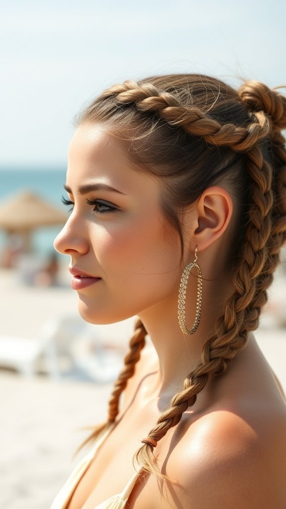 Woman with knotless braids and hoop earrings at the beach