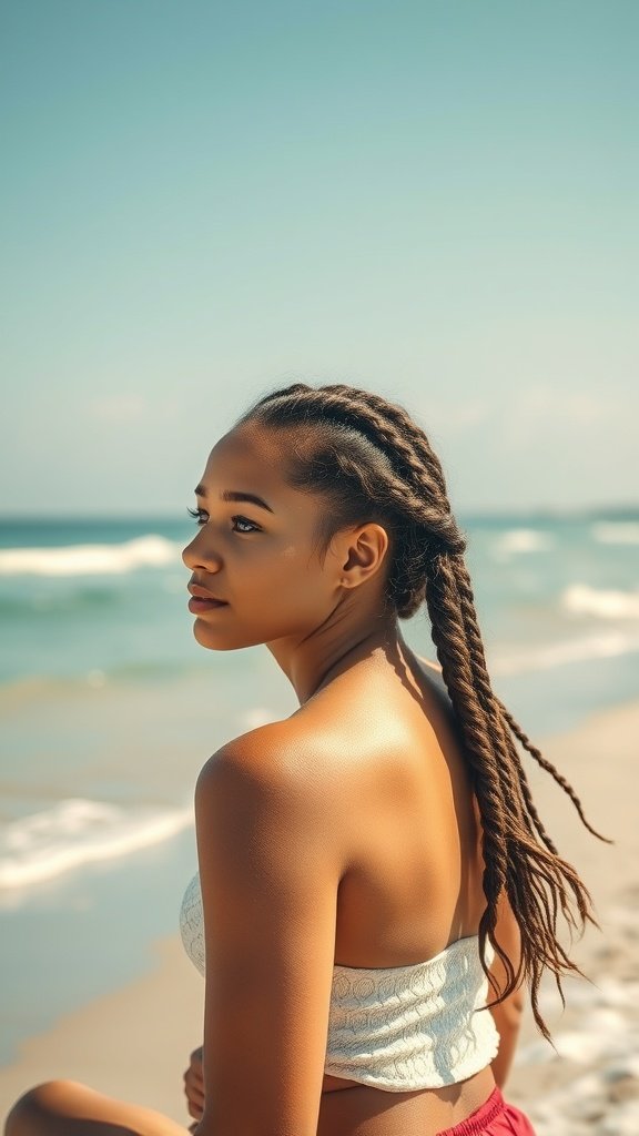 A woman with long knotless braids sitting on the beach, enjoying the summer sun.