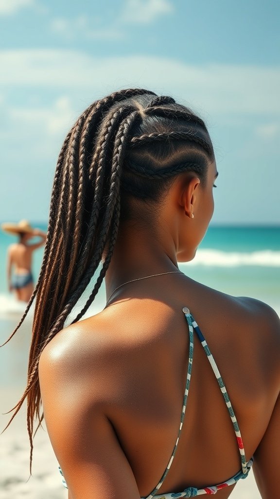 A woman with small knotless braids enjoying a beach day.