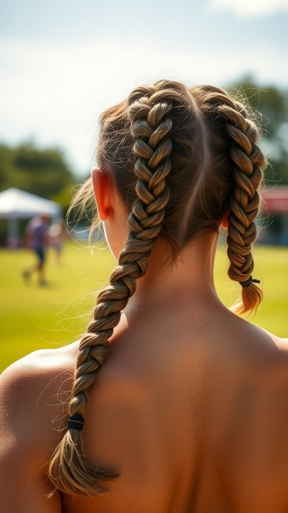 A person with two neat braids enjoying a sunny day outdoors