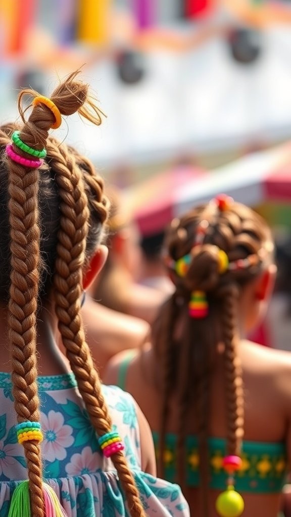 Festival-goers with colorful knotless braids adorned with accessories