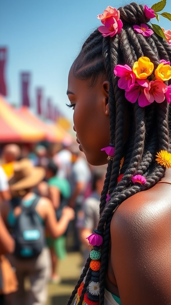 A woman with short boho knotless braids adorned with colorful flowers at a summer festival.