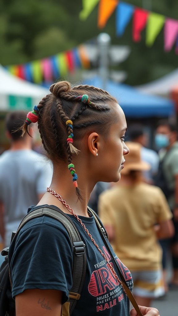 A woman with colorful short knotless braids with curly ends, standing in a festival setting.