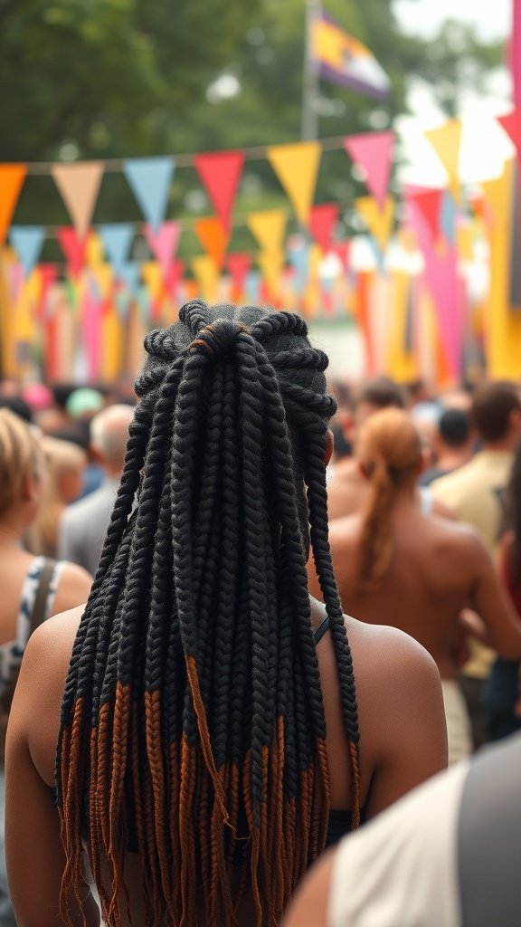 A person with large boho knotless braids at a summer festival, surrounded by colorful flags and a crowd.