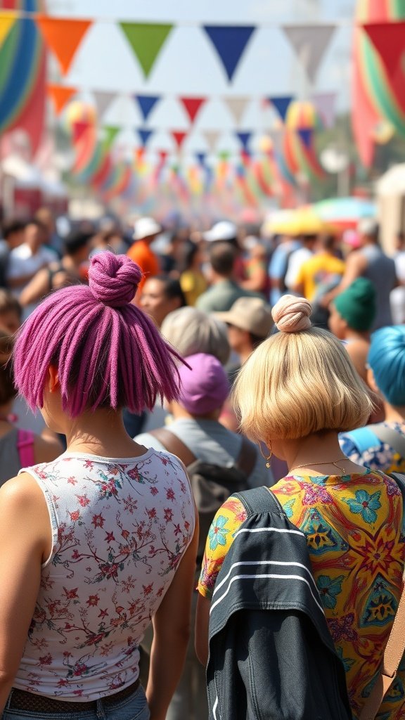 Festival-goers with colorful hairstyles, showcasing knotless braids and vibrant outfits.