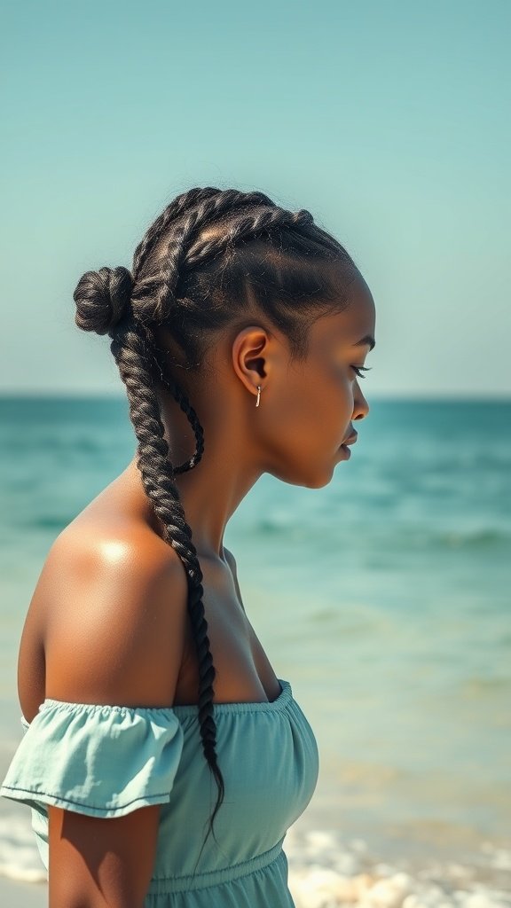 A woman with large knotless braids standing by the beach, showcasing a stylish summer hairstyle.