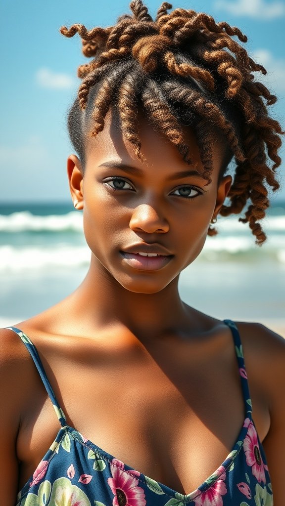A person with knotless braids and curls, standing by the beach on a sunny day.