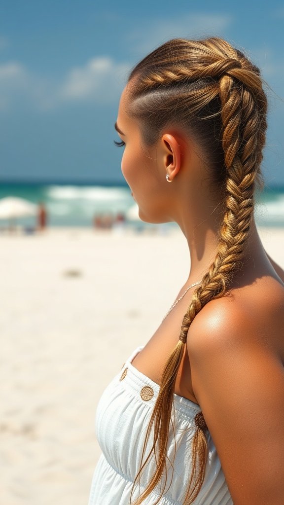A woman with a stylish braid standing on the beach, showcasing small boho knotless braids.