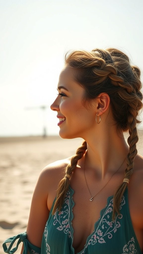 A woman with small boho knotless braids smiling at the beach