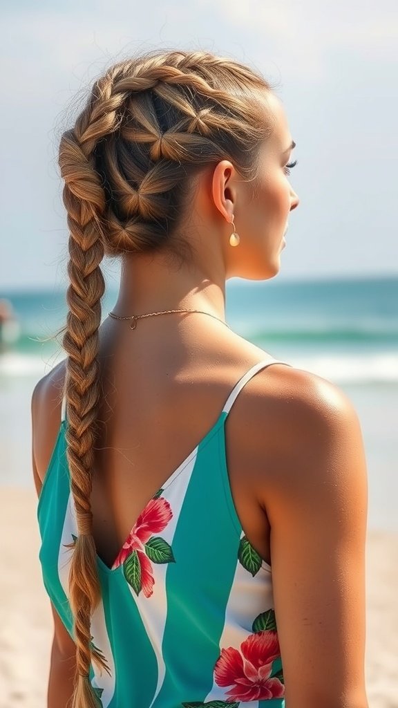 A woman with a stylish braid enjoying a sunny beach day.