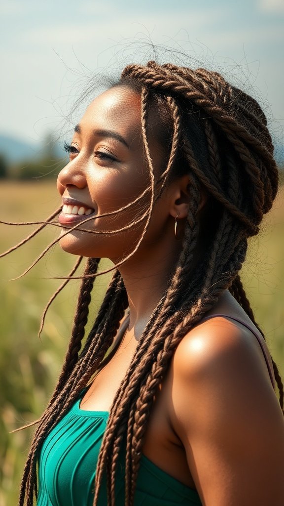 A woman with brown knotless braids smiling in a field