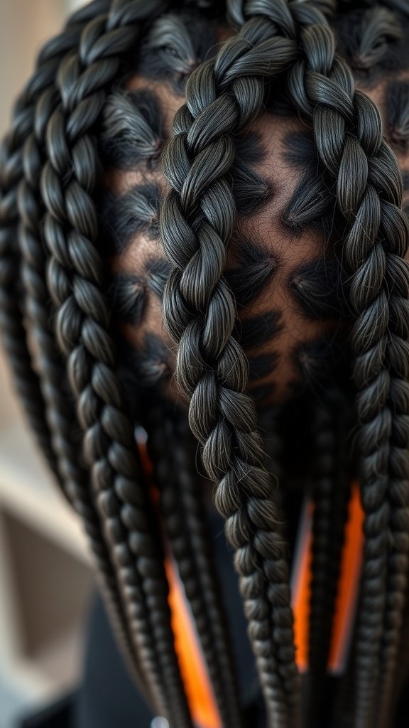Close-up of short bohemian knotless braids styled in a unique pattern.