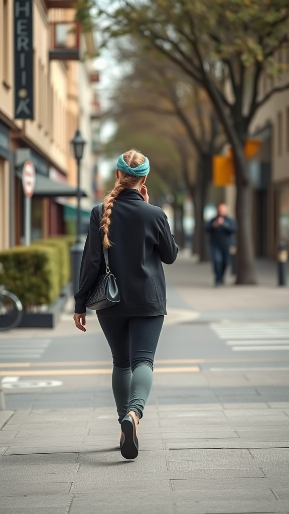 A woman with long blonde knotless braids walking down a city street.