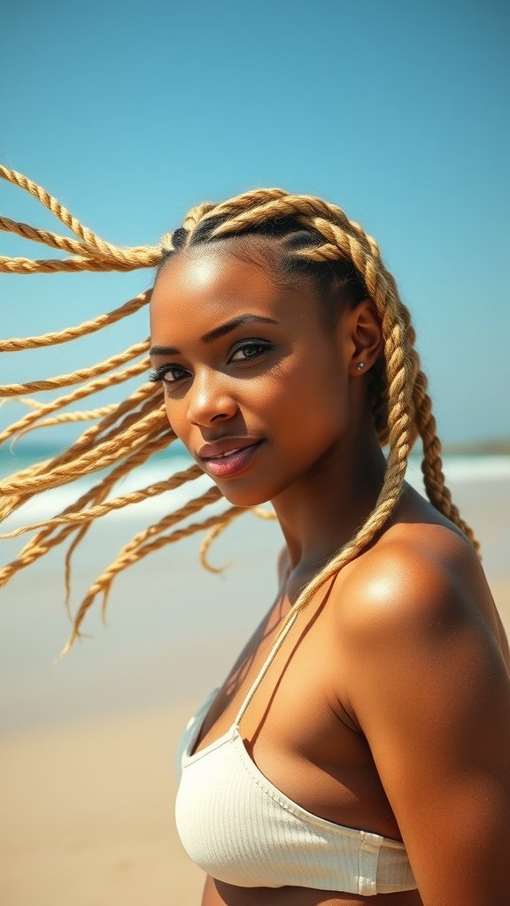 A woman with blonde knotless box braids at the beach, showcasing a summer hairstyle.