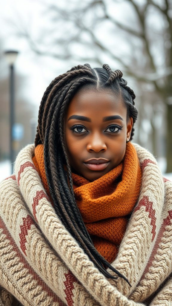 A woman with knotless braids wrapped in a cozy scarf during winter.