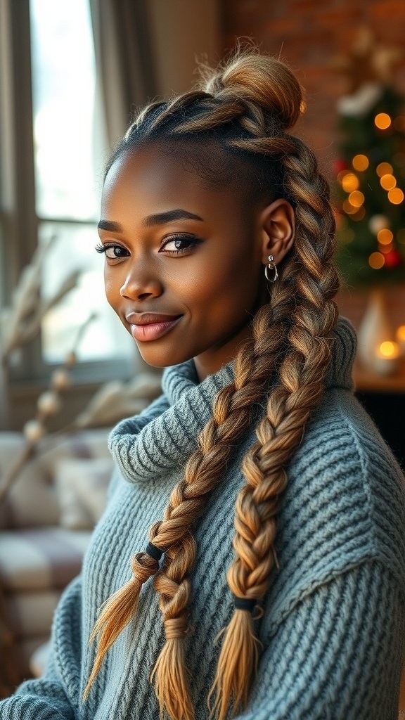 A woman with long knotless braids styled elegantly, wearing a cozy sweater.