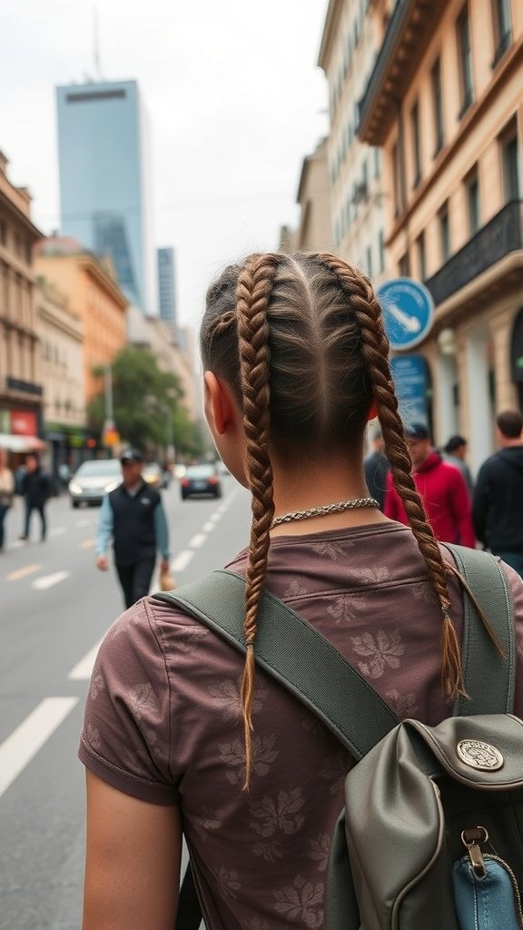 A person with knotless braids walking in a city street, showcasing a stylish and practical hairstyle for travel.