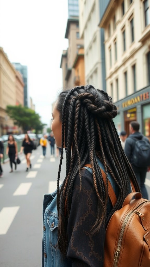 Woman with knotless braids walking in a city