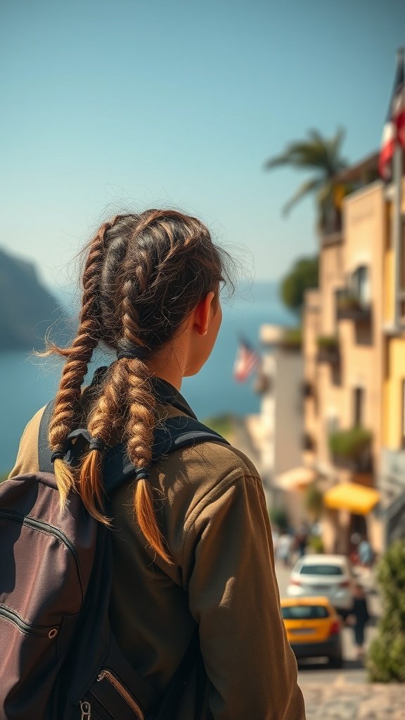 A traveler with long knotless braids, looking out over a scenic view.