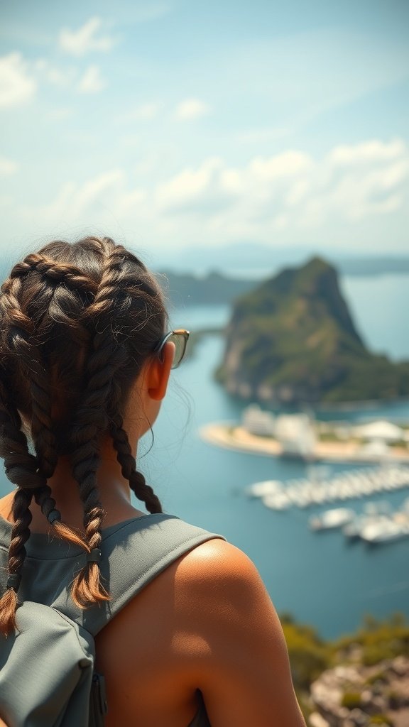 A person with small knotless braids looking out at a scenic view.