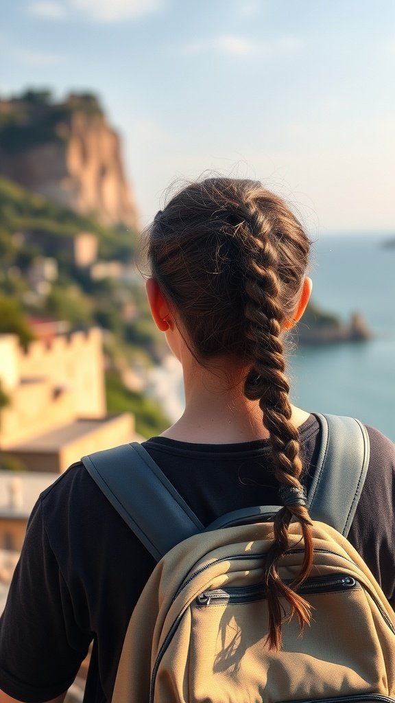 A person with a small knotless braid, wearing a backpack, overlooking a scenic view.