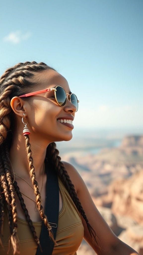 A woman with knotless braids and curly ends, wearing sunglasses and enjoying the outdoors