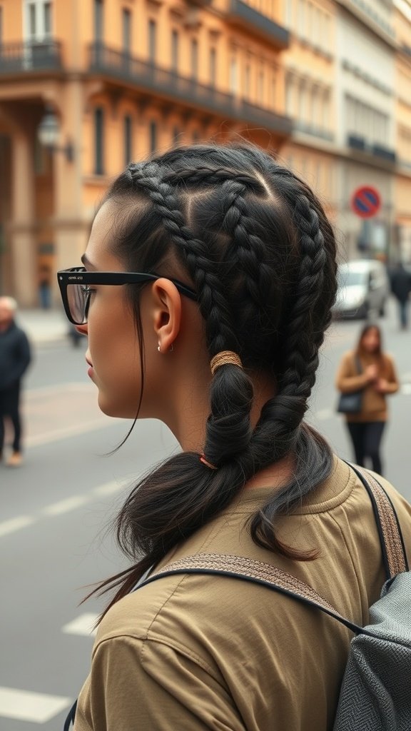 A woman with short bohemian knotless braids walking in the city.