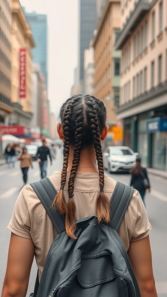 A person with knotless braids walking in a city street