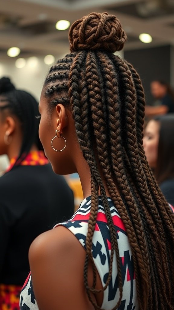 A woman with knotless braids styled in an updo, showcasing a chic and elegant hairstyle.