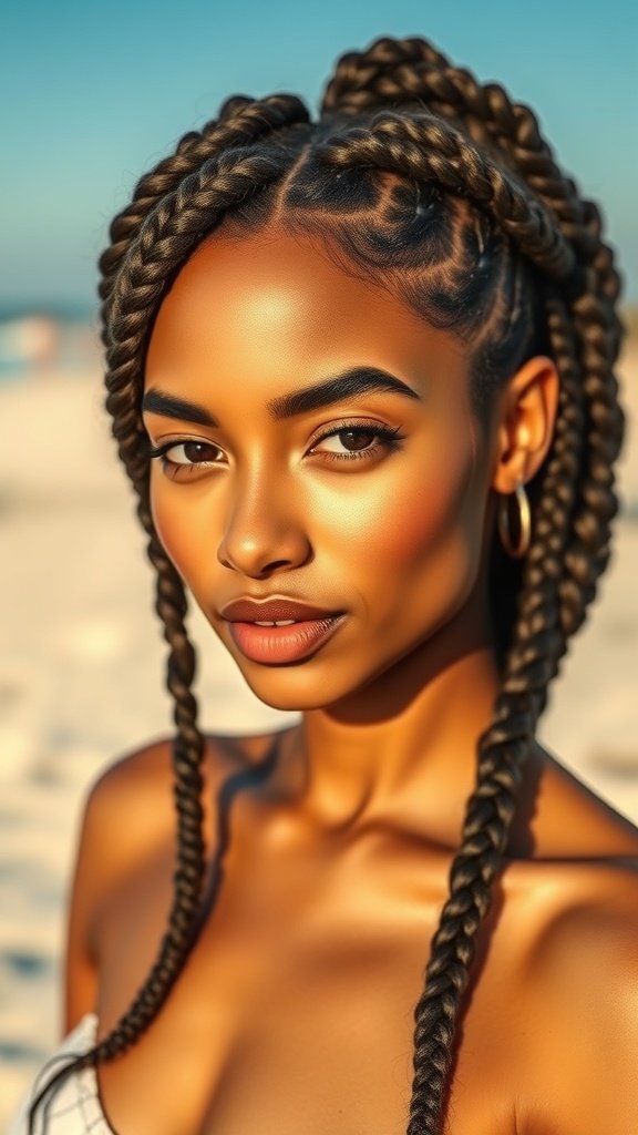 A woman with stylish knotless braids, enjoying a sunny beach day.