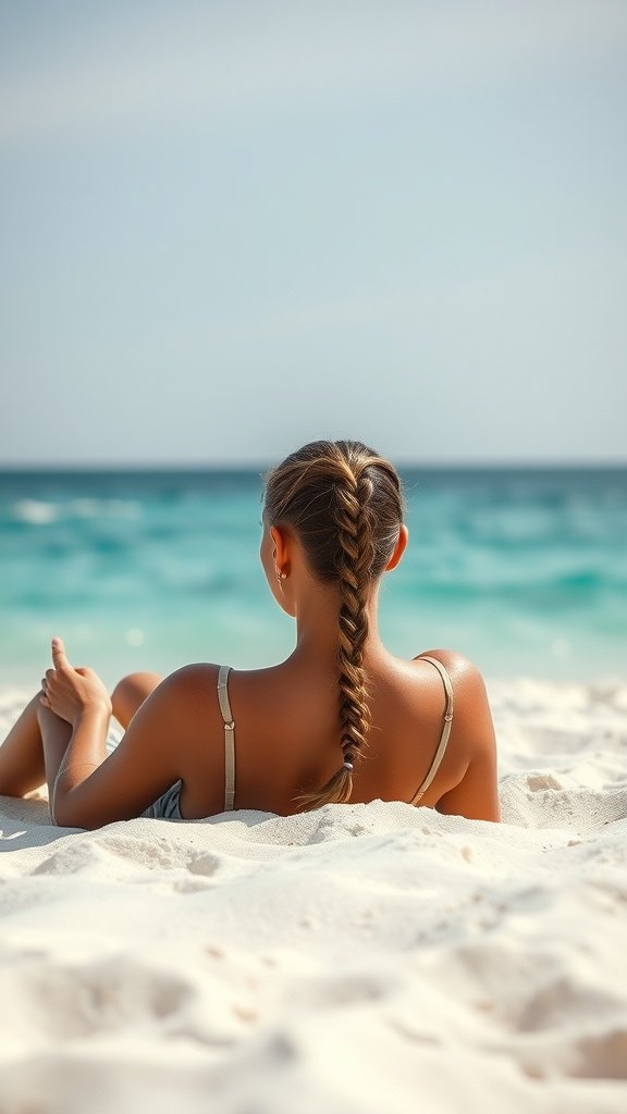 A person relaxing on the beach with short knotless braids and curly ends, enjoying the ocean view.