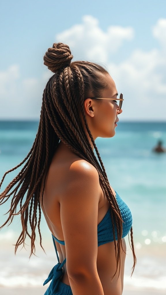 A woman with Fulani knotless braids enjoying a beach vacation