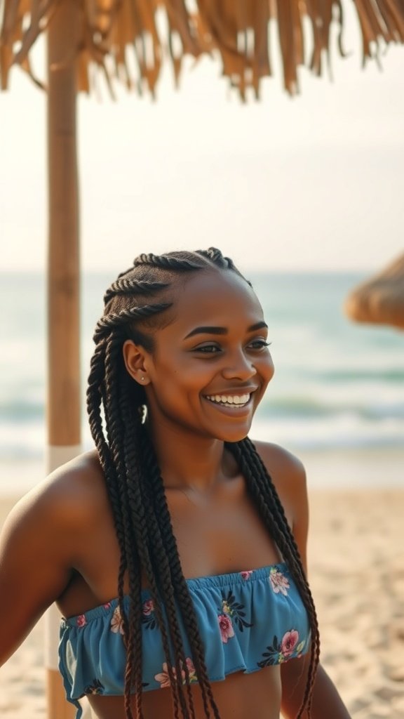 A woman with knotless braids smiling at the beach