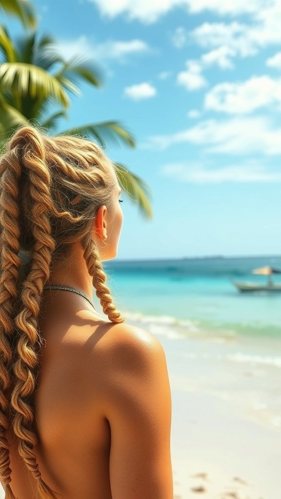 A woman with honey blonde knotless braids looking at the beach