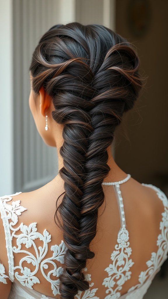 A close-up view of a bride's knotless braid hairstyle with curly ends, showcasing intricate styling and elegance.
